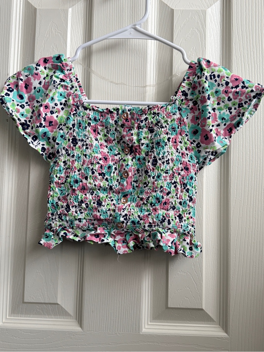 Girls Floral Smocked Crop Top - Pink, Mint & White